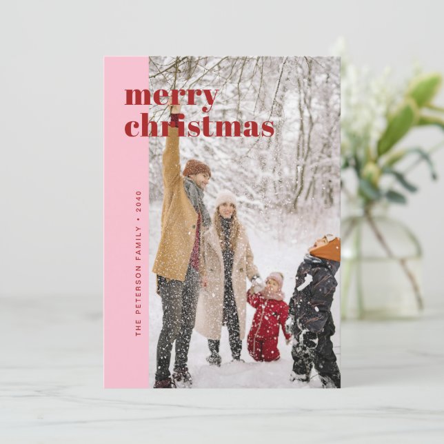 Cartes Pour Fêtes Annuelles Moderne Photo de Noël Rouge et Rose Gras (Debout devant)