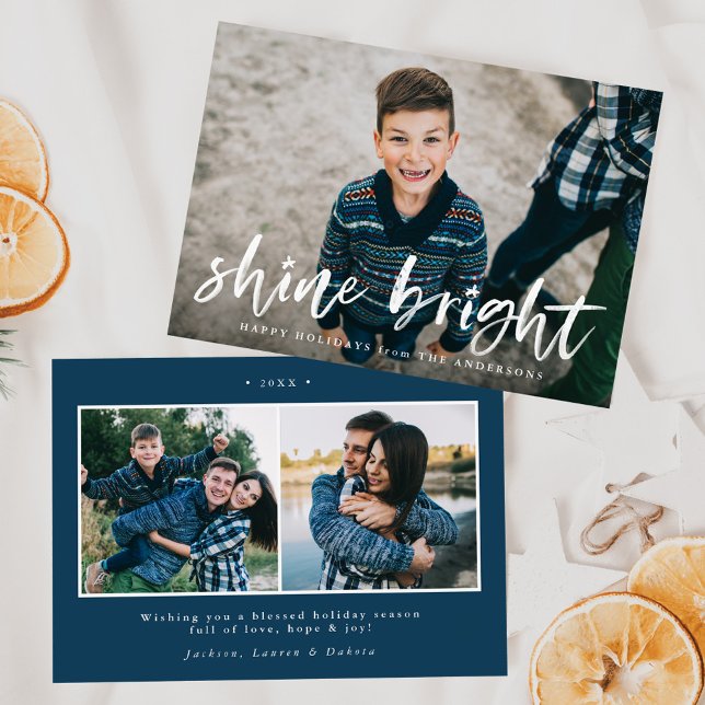 Cartes Pour Fêtes Annuelles Moderne Shine Bright Script Navy 3 Photo (Créateur téléchargé)