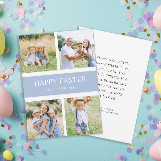 Cartes Pour Fêtes Annuelles Moderne Simple Bleu 4 Famille Photo Joyeux Pâques (Blue 4-photo "Happy Easter" greeting card. )
