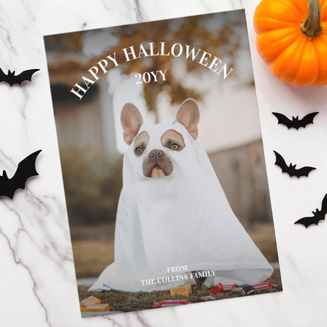 Cartes Pour Fêtes Annuelles Moderne Simple Éffrayant Photo pour animaux de com (Modern Simple Spooky Pet Photo Happy Halloween Holiday Card)