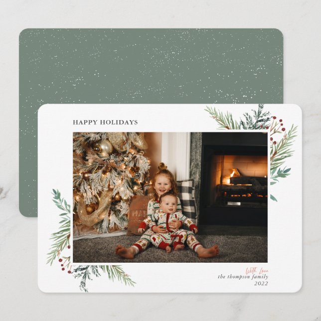 Cartes Pour Fêtes Annuelles Moderne Simple Pine Greens Green Photo (Devant / Derrière)