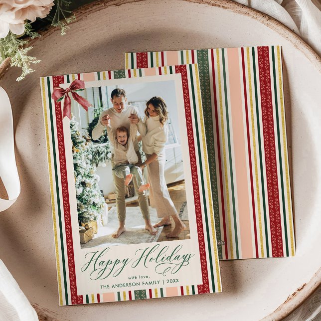 Cartes Pour Fêtes Annuelles Moderne Simple Stripes & Bow Happy Holidays Photo (Créateur téléchargé)