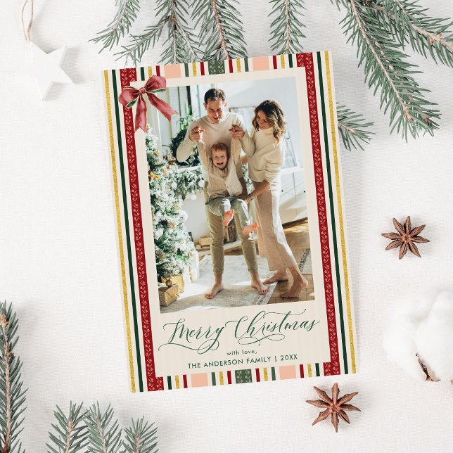Cartes Pour Fêtes Annuelles Moderne Simple Stripes & Bow Joyeux Noël Photo (Créateur téléchargé)