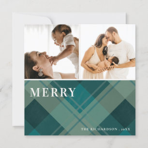 Cartes Pour Fêtes Annuelles Moderne Vert Bleu Carreaux 2 Photo Joyeux Noël