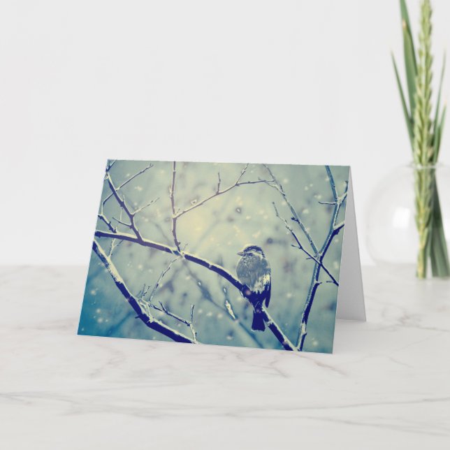 Cartes Pour Fêtes Annuelles Moineau sur la branche neigeuse (Devant)