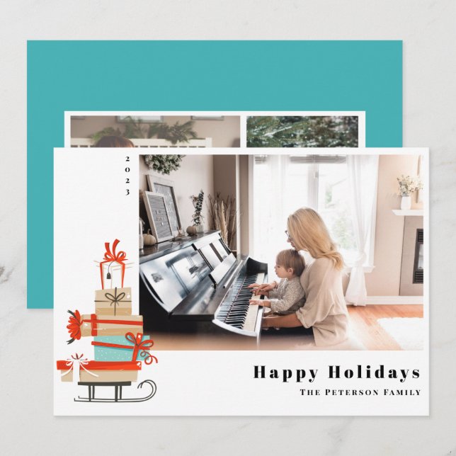 Cartes Pour Fêtes Annuelles Mois de siècle moderne Illustré traîneau de Noël (Devant / Derrière)