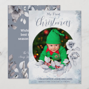 Cartes Pour Fêtes Annuelles Mon 1er Noël Silver Floral Baby Photo Holiday