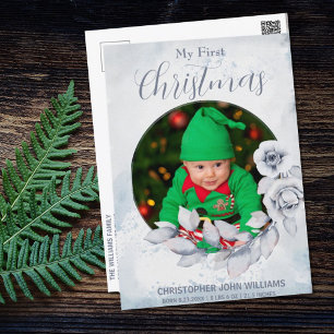Cartes Pour Fêtes Annuelles Mon 1er Noël Silver Floral Baby Photo Holiday