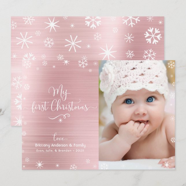 Cartes Pour Fêtes Annuelles Mon premier Noël Baby Photo Snowflakes Rose Gold (Devant / Derrière)