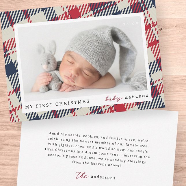 Cartes Pour Fêtes Annuelles Mon premier Noël moderne Plaid Baby Photo (Créateur téléchargé)