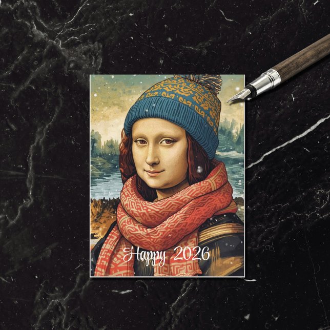 Cartes Pour Fêtes Annuelles Mona Lisa  in beanie  - Happy 2026 (Créateur téléchargé)