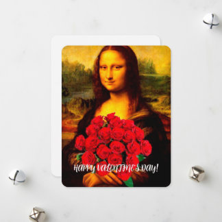 Cartes Pour Fêtes Annuelles Mona Lisa tenant des roses rouges Saint-Valentin