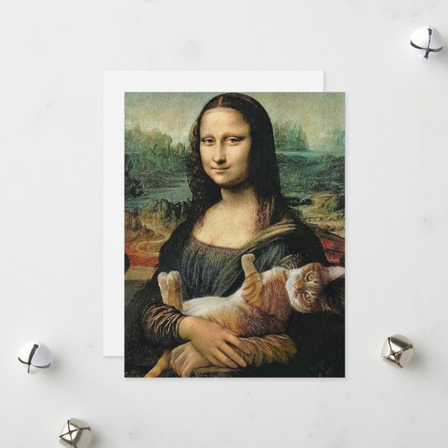 Cartes Pour Fêtes Annuelles Mona Lisa tenant son chat (Devant/Arrière en situation)