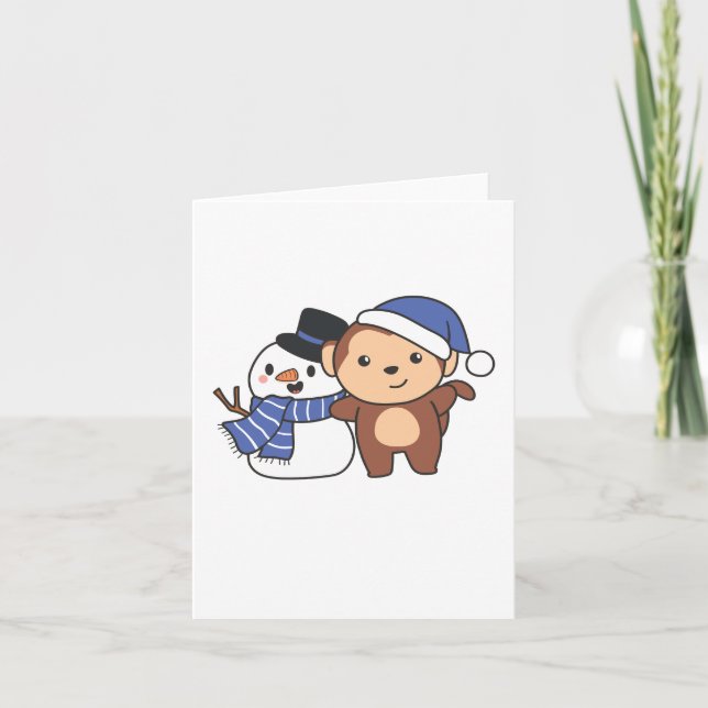 Cartes Pour Fêtes Annuelles Monkey With Snowman In Winter For Christmas (Devant)