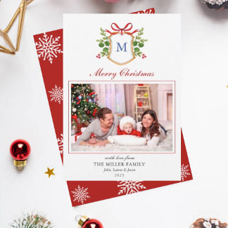Cartes Pour Fêtes Annuelles Monogram Crest avec verdure Noël