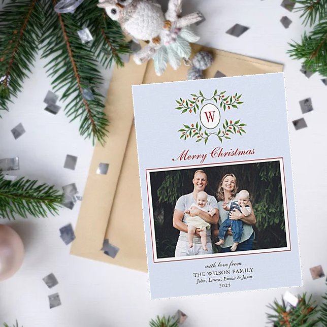 Cartes Pour Fêtes Annuelles Monogramme avec verdure bleu pâle Photo (Créateur téléchargé)