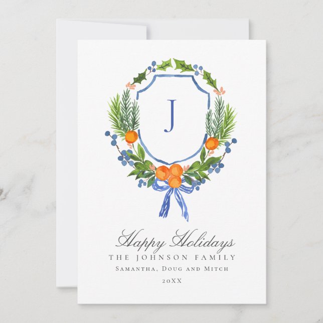 Cartes Pour Fêtes Annuelles Monogramme bleu orange Crête d'hiver Noël (Devant)