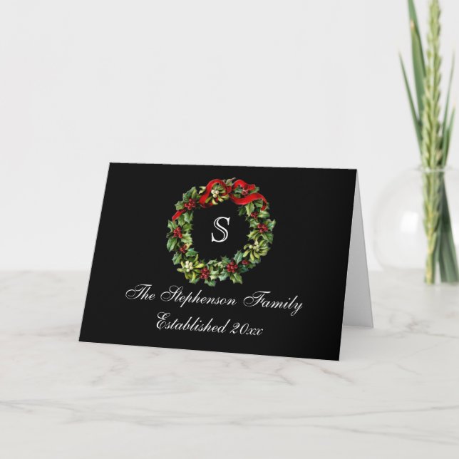 Cartes Pour Fêtes Annuelles Monogramme classique Holly Wreath Custom Christmas (Devant)