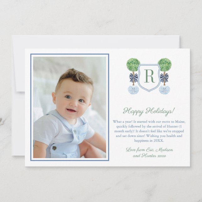 Cartes Pour Fêtes Annuelles Monogramme Crest Boxwood Joyeux Vacances Photo (Devant)