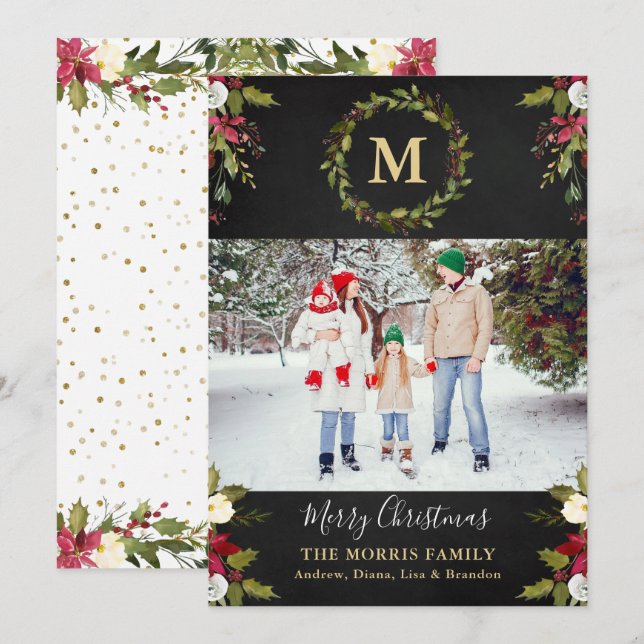 Cartes Pour Fêtes Annuelles Monogramme de couronne verte de Noël (Devant / Derrière)