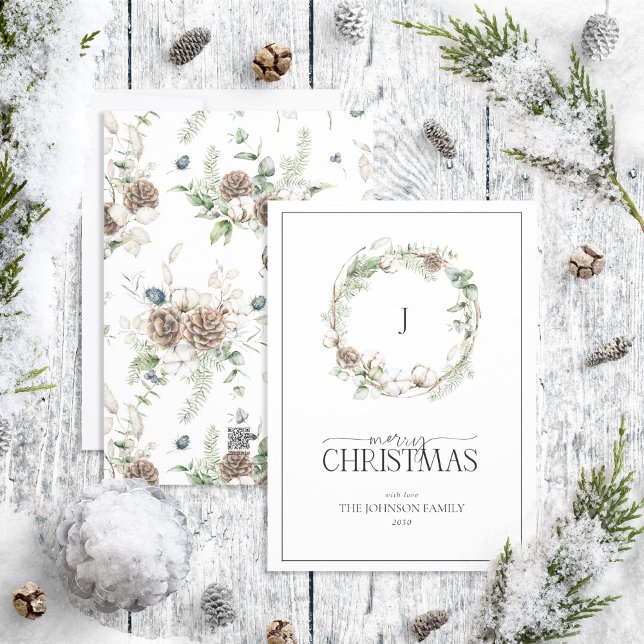 Cartes Pour Fêtes Annuelles Monogramme Ferme de verdure Wreath Joyeux Noël (Créateur téléchargé)
