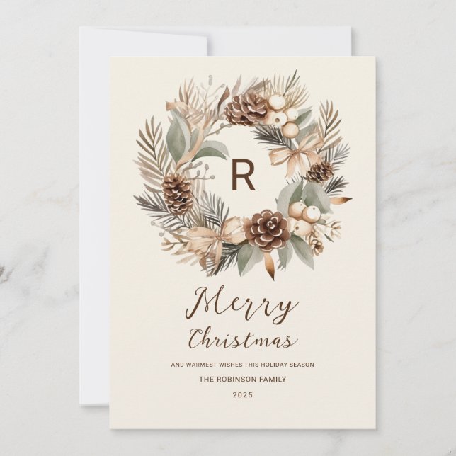 Cartes Pour Fêtes Annuelles Monogramme Pinecone hiver Wreath Joyeux Noël (Devant)
