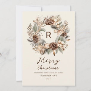 Cartes Pour Fêtes Annuelles Monogramme Pinecone hiver Wreath Joyeux Noël