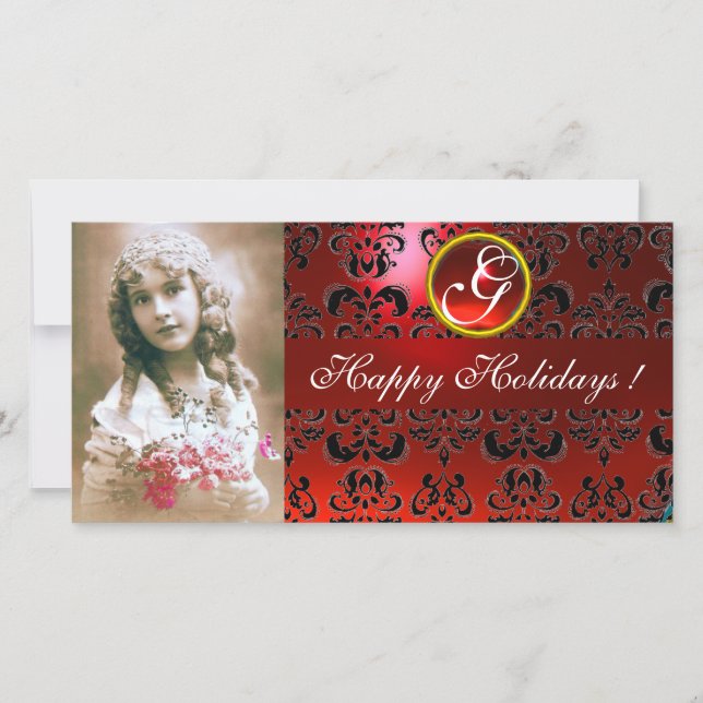 Cartes Pour Fêtes Annuelles MONogramme rubis NOIR ET ROUGE DAMASK (Devant)