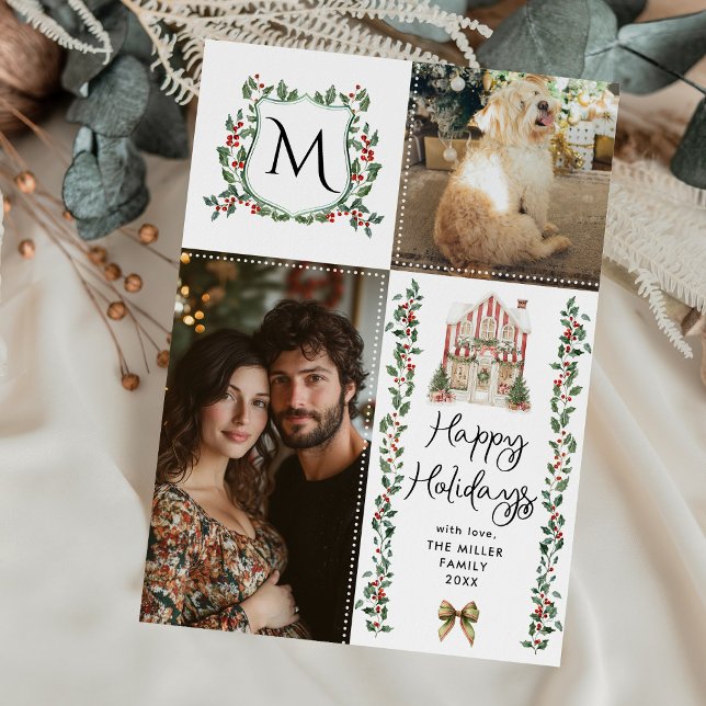 Cartes Pour Fêtes Annuelles Monogramme vert Crest Joyeux Noël 2 Photo (Créateur téléchargé)