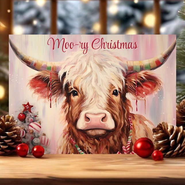 Cartes Pour Fêtes Annuelles Moo-ry Noël Aquarelle Highland Cow (Créateur téléchargé)
