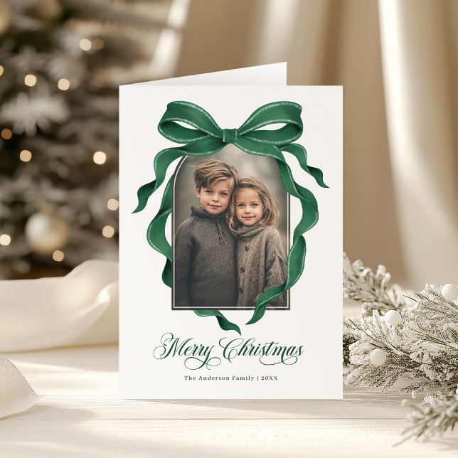 Cartes Pour Fêtes Annuelles Moody Green Bow Custom Photo Christmas Holiday (Créateur téléchargé)