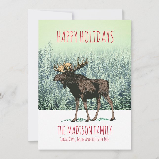 Cartes Pour Fêtes Annuelles Moose En Hiver Neige Noël Salutation (Devant)