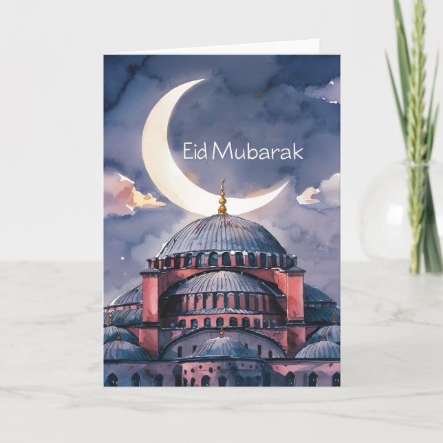 Cartes Pour Fêtes Annuelles Mosquée à l'aquarelle lune Eid Mubarak Croissant d (Devant)