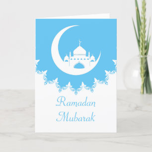 Cartes Pour Fêtes Annuelles Mosquée blanche en Crescent Moon Ramadan bleu