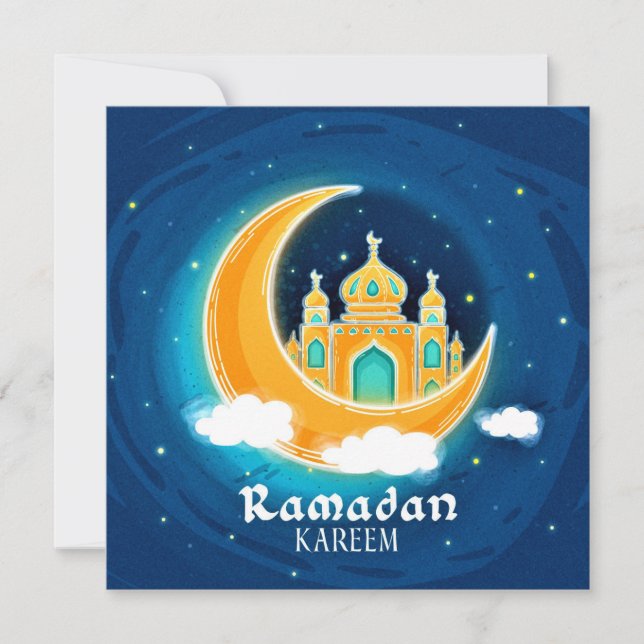 Cartes Pour Fêtes Annuelles Mosquée de l'Aquarelle bleue du Ramadan (Devant)