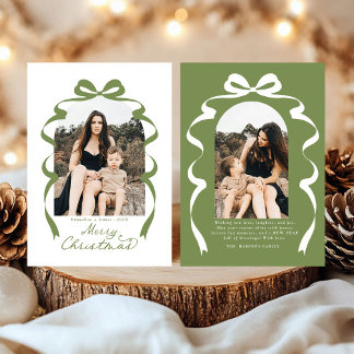 Cartes Pour Fêtes Annuelles Moss Green Bow Photo Joyeux Arche de Noël