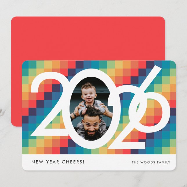 Cartes Pour Fêtes Annuelles Motif carré rétro 2026 photo du Nouvel An (Devant / Derrière)