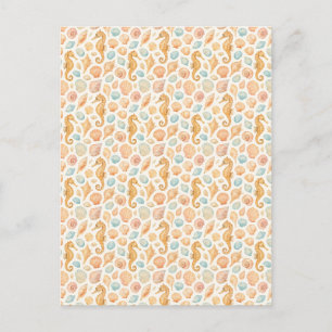 Cartes Pour Fêtes Annuelles Motif d'aquarelle des coquillages et des hippocamp