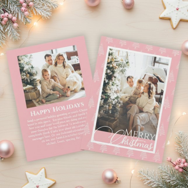 Cartes Pour Fêtes Annuelles Motif d'arbre rose et blanc Noël (Pink And White Tree Pattern Photo Christmas Holiday Card)