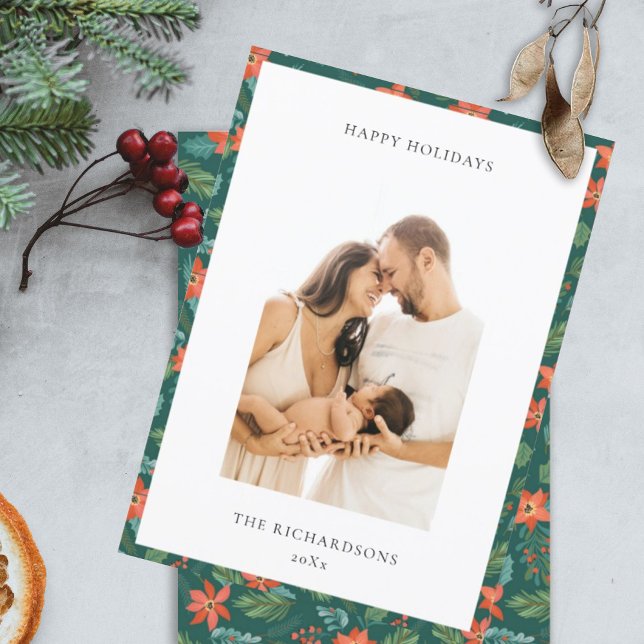 Cartes Pour Fêtes Annuelles Motif floral de Noël vert rouge Photo Joyeux (Créateur téléchargé)