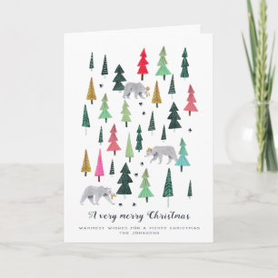 Cartes Pour Fêtes Annuelles Motif moderne vert & rose Ours et arbres forestier