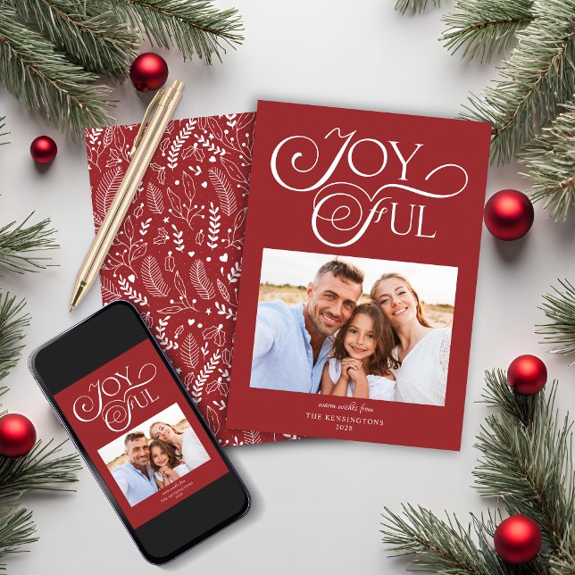Cartes Pour Fêtes Annuelles Motif rouge moderne Joyeuse photo de vacances (Modern Red Pattern Joyful Holiday Photo Christmas Card)