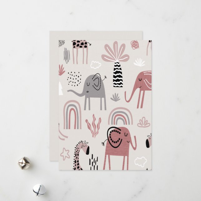 Cartes Pour Fêtes Annuelles Motif sans couture colorée avec des éléphants mign (Devant/Arrière en situation)