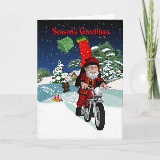 Cartes Pour Fêtes Annuelles Moto Père Noël Avec Cadeaux Volants & Scène Hiver (Devant)