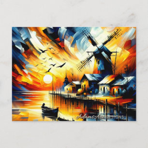 Cartes Pour Fêtes Annuelles Moulin à vent du port au coucher de soleil vibrant