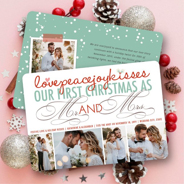 Cartes Pour Fêtes Annuelles Mr. And Mrs First Christmas Photo Collage Mariage (Love Peace Joy Kisses - Mr & Mrs First Christmas - 4 Photo Collage Holiday Wedding Card by fatfatin)