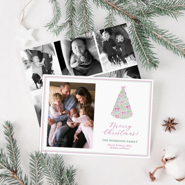 Cartes Pour Fêtes Annuelles Mulberry Bows sur Tree Photo Collage (Trendy mulberry pink watercolor coquette bows photo collage Christmas card)