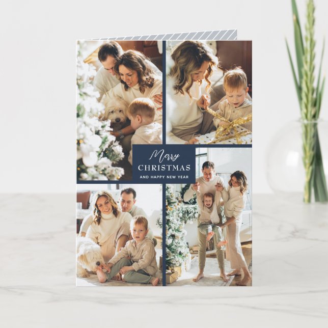 Cartes Pour Fêtes Annuelles Multiple Photo Merry Christmas Blue Folded (Devant)