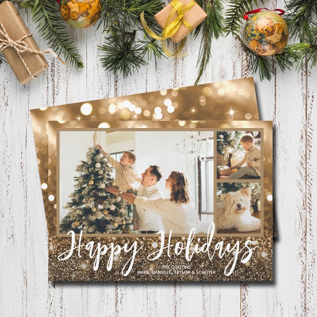 Cartes Pour Fêtes Annuelles Multiples photos Joyeuses vacances Étincelle (Happy Holidays bronze sparkle holiday photo cards)