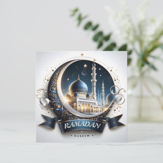 Cartes Pour Fêtes Annuelles Musulman Bleu Nuit Doré Mosquée Eid Mubarak (Debout devant)